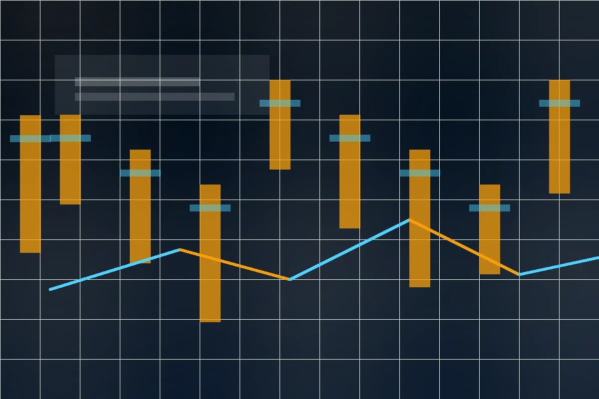 Dark trading dashboard with amber and cyan signals